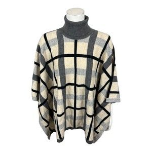 Soft by Naadam 100% Cashmere Plaid Jacquard Poncho Top Cream/Grey Missy One Size